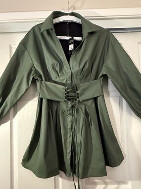 Plus Size Olive Green Faux Leather Lace-Up Waist Trench Shirt